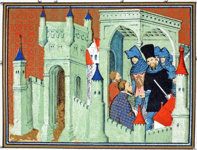 Innenansicht von Schloss Chester, als die Herzöge von Exeter und Surrey die Botschaft des Königs an den Herzog von Lancaster überbringen, Faksimile-Kopie aus Le Prinse et Mort du Roy Richart von Jean Creton, nachgedruckt im 19. Jahrhundert von French School